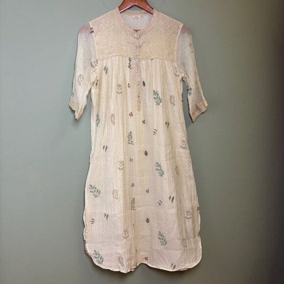 Buna Handmade Midi Dress Cream Cotton Silk Floral Buttons Med Cottagecore Fairy - Picture 1 of 16